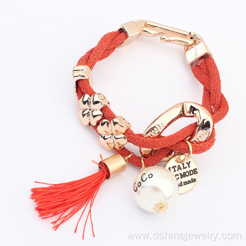 Gold Charm Mesh Rope Wrap Tassel Bracelet With Pearl Pendant